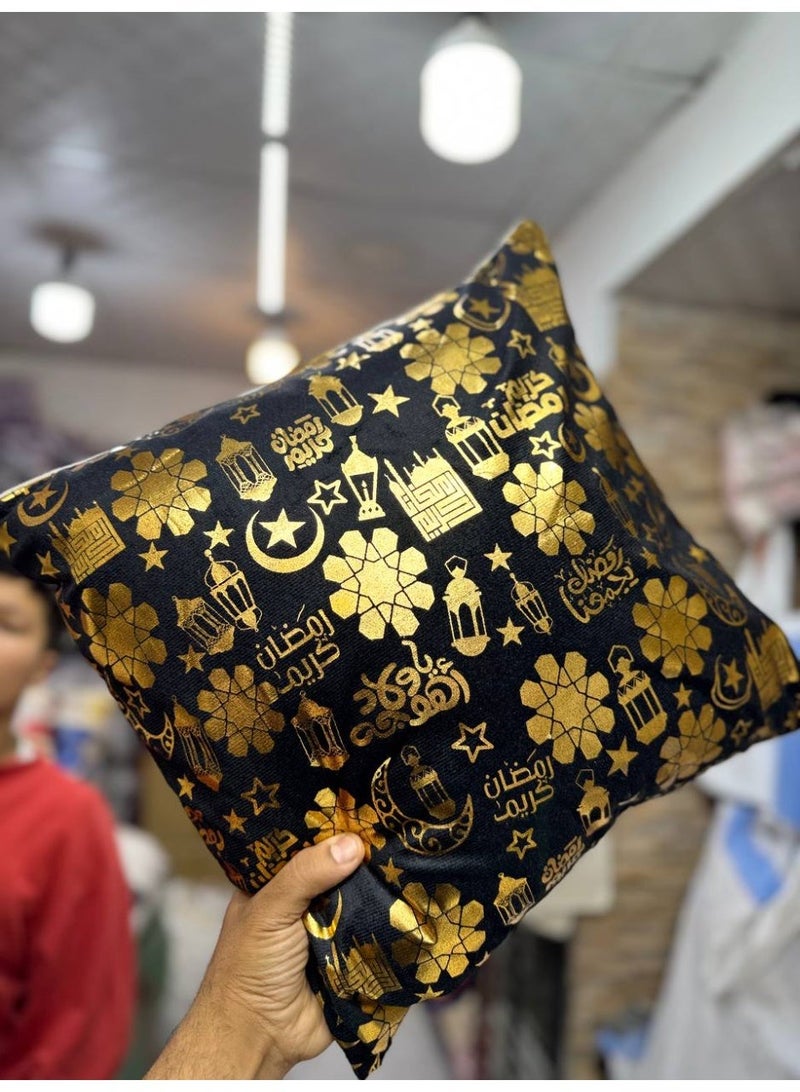 Gold Linen Ramadan Cushion with Reversed Leather Accent 45x45 cm Square Decorative Pillow for Sofa Chairs Elegant Home Accent and Seasonal Festive Decor - Image 1